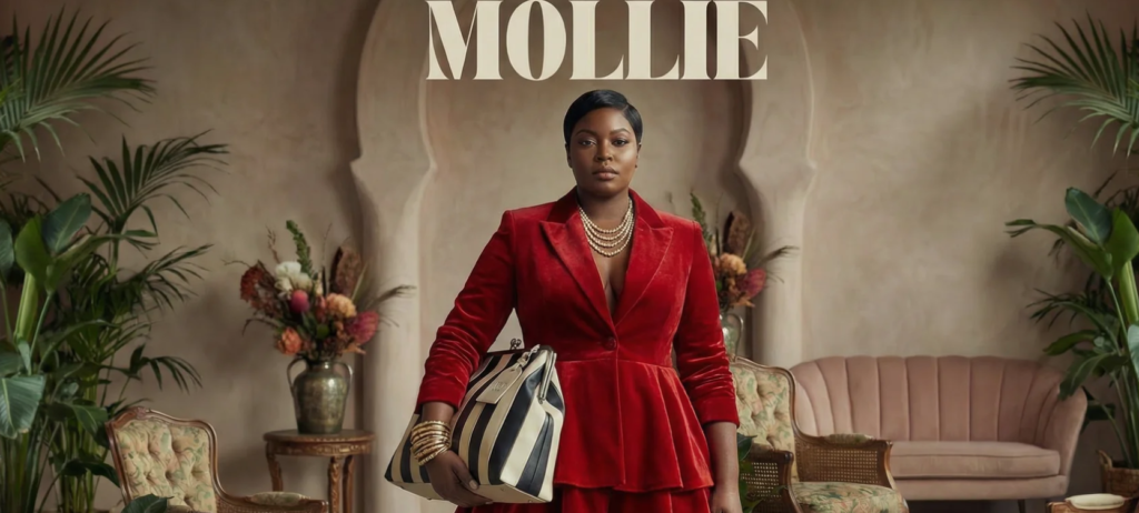 Kenya Freeman wearing a red tailored jacket and layered jewelry, standing in an editorial studio setting with the Sylvia Mollie backdrop.