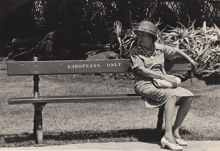 A white woman seated on a public bench marked “Europeans Only,” photographed by Ernest Cole in apartheid-era South Africa.