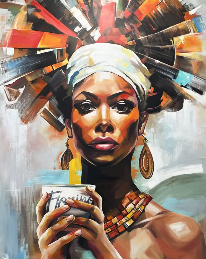 Expressive portrait painting of a woman with a headwrap holding a cup, rendered in bold brushstrokes and warm tones.